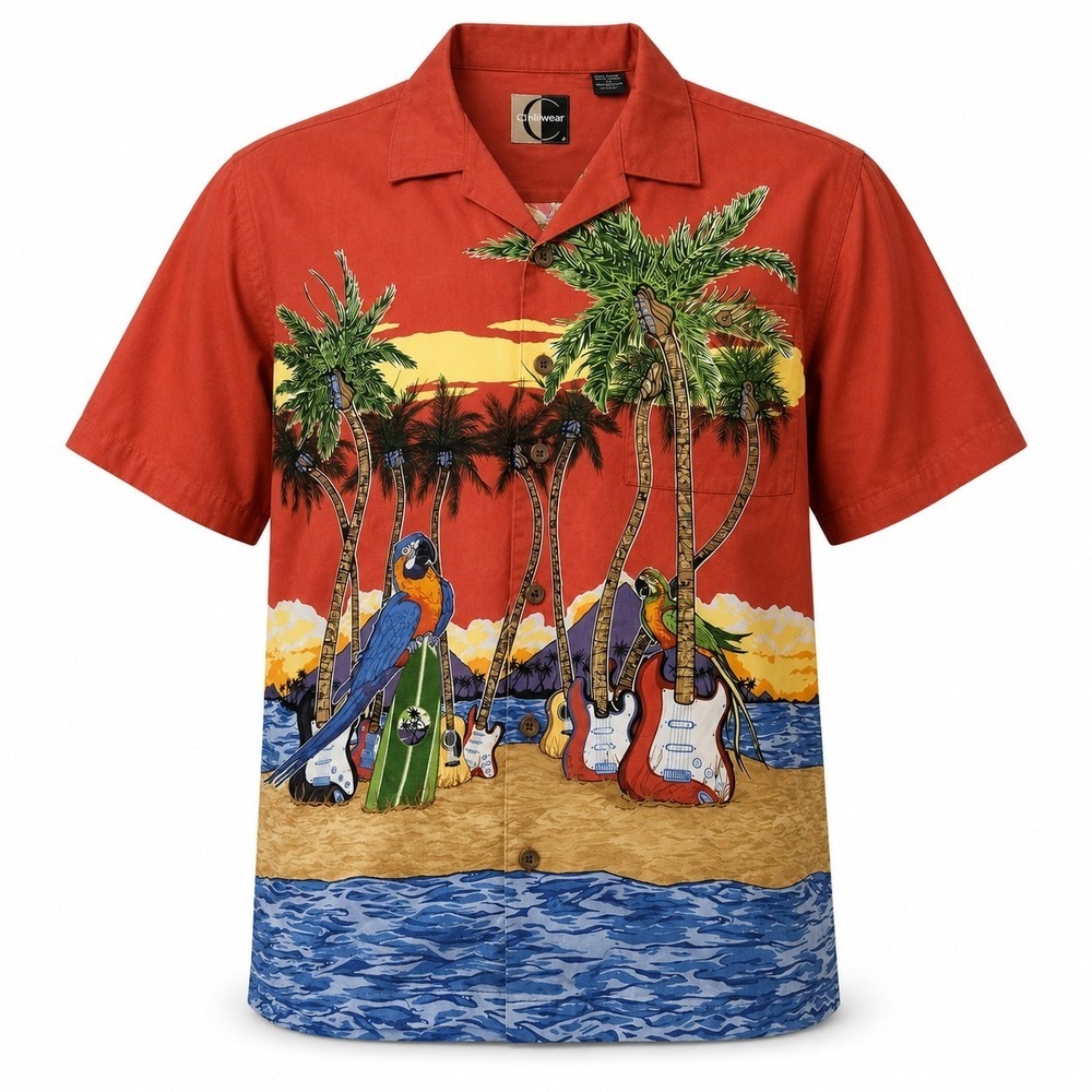 Citiwear Mens L Hawaiian Shirt Parrot Guitar Palm Tree‎ Beach Camp Button Up...